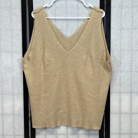 Venezia Jeans Co Gold Metallic Rib Knit Tank Sleeveless V-Neck Shimmer Top Lurex - Picture 5 of 12
